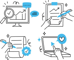 Simple line icons showcasing office reporting, writing, task scheduling, and collaborative brainstorming activities.