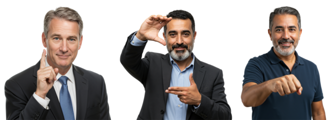 Professional Men Showing Various Hand Gestures for Business Communication in a Studio Setting