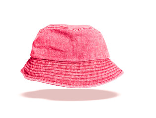 Red bucket hat floating on white background.