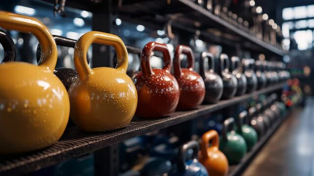 Colorful Kettlebells on Rack in Gym with Depth of Field Sports and Fitness Equipment for Strength Training