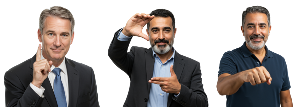 Professional Men Showing Various Hand Gestures for Business Communication in a Studio Setting