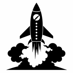 Black and White Silhouette Illustration of a Rocket Launching with Smoke Trail Ideal for Space Exploration Science or Technology Themed Designs