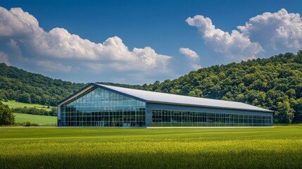 Modern Glass Building in Green Field with Hills