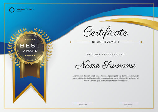 Elegant minimalism blue and gold certificate template