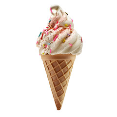 Swirled Vanilla and Strawberry Soft Serve Ice Cream Cone on transparent background

