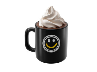 Happy hot chocolate with whipped cream in black mug, On Transparent Background, Png