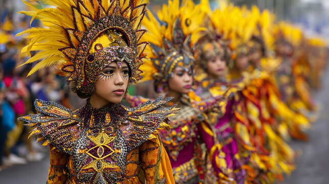 Festival Sinulog de Tanjay, vibrant traditional Filipino costumes with sequins and tribal patterns in parade, Ai generated images