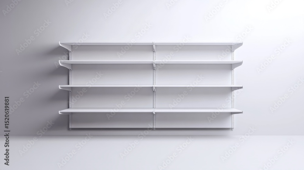 Poster empty retail rack with multiple adjustable white shelves in a 3d-rendered mockup for store display a