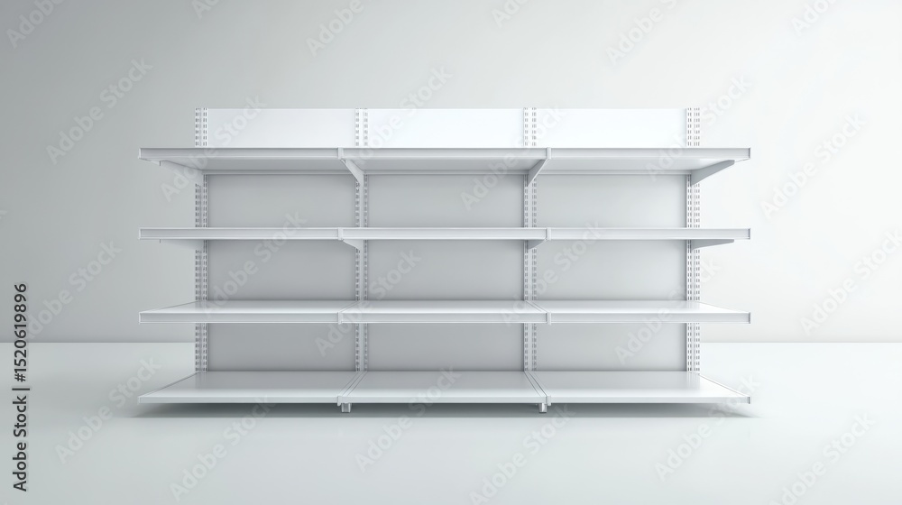 Poster empty retail rack with multiple adjustable white shelves in a 3d-rendered mockup for store display a