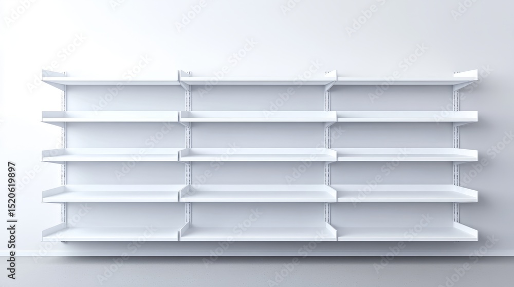 Poster empty retail rack with multiple adjustable white shelves in a 3d-rendered mockup for store display a
