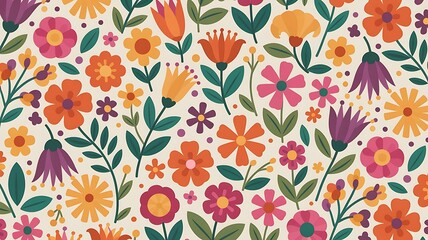 Vibrant and colorful floral pattern design featuring various blooming flowers on a creamy background aesthetic