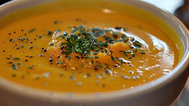 A bowl of creamy butternut squash soup, beautifully garnished with fresh herbs and a sprinkle of spices, ready to warm your palate. Perfect for autumn or winter meals.