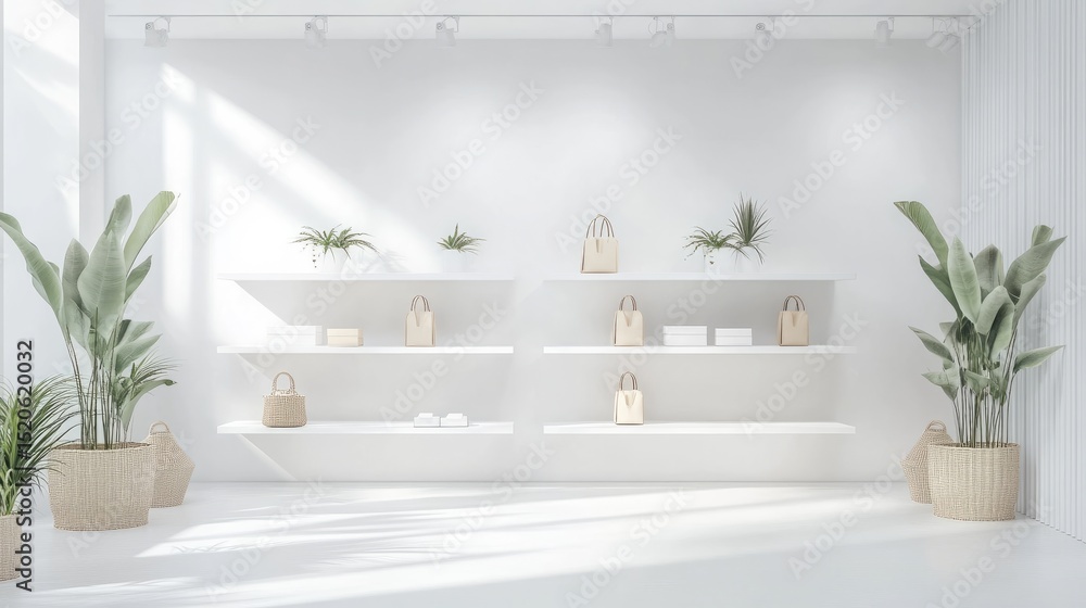 Poster isolated white store rack display with symmetrical shelving in a 3d-rendered clean retail mockup env