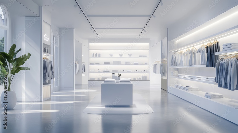 Poster isolated white store rack display with symmetrical shelving in a 3d-rendered clean retail mockup env