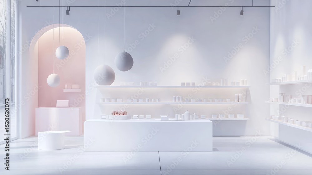 Poster minimal white racked display for shop or supermarket setup, clean geometry and empty shelving in a m