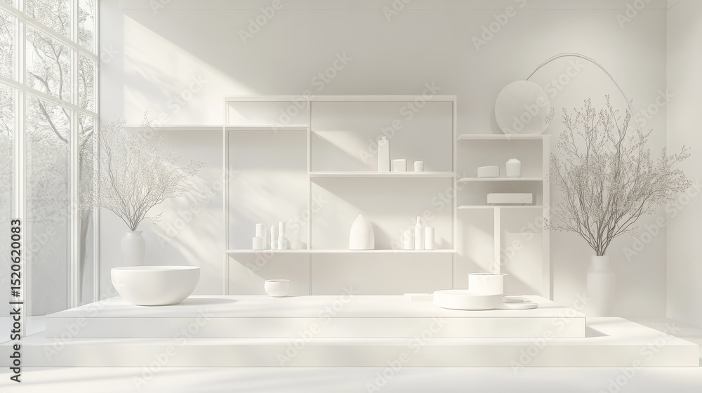 Poster minimal white racked display for shop or supermarket setup, clean geometry and empty shelving in a m