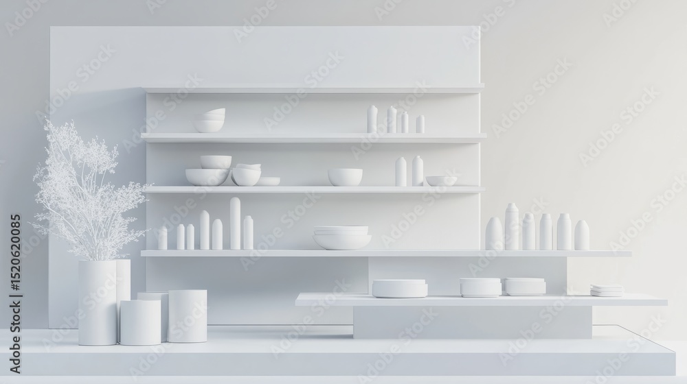 Poster minimal white racked display for shop or supermarket setup, clean geometry and empty shelving in a m
