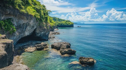 Rocky coastline with a sea cave and lush vegetation.