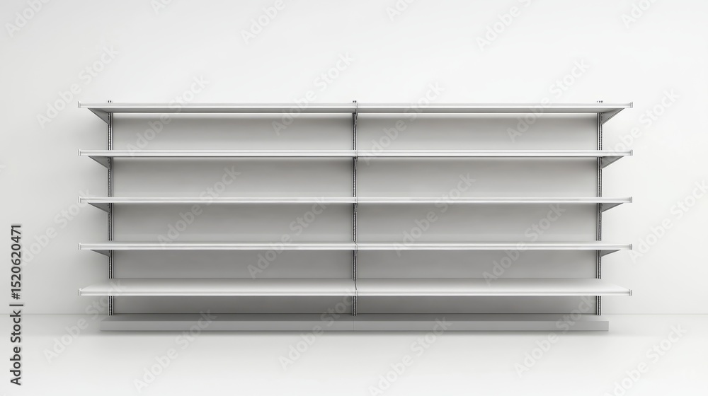 Poster store shelf mockup in a 3d-rendered white background, empty retail racks in an organized and symmetr