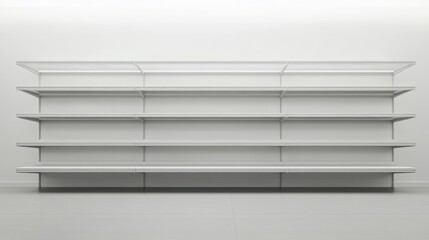 Store shelf mockup in a 3D-rendered white background, empty retail racks in an organized and symmetrical layout
