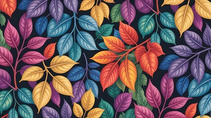 Fototapeta premium Vibrant foliage pattern with colorful leaves and branches against a dark background for design elements