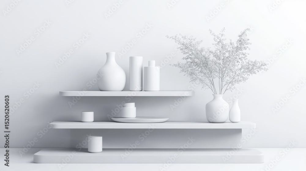 Fototapete white isolated 3d rendering of an empty store shelf display, clean and minimal retail environment, i