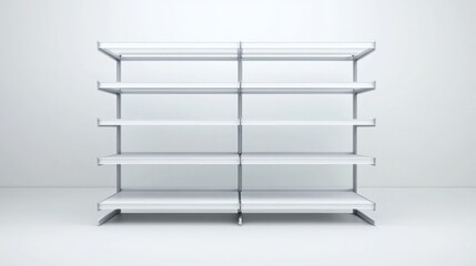 White metal shelving unit, empty and isolated on a blank seamless backdrop, suitable for retail or warehouse mockups