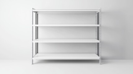 White metal shelving unit, empty and isolated on a blank seamless backdrop, suitable for retail or warehouse mockups