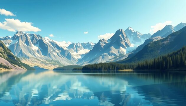 Low-poly illustration of serene mountain lake scene  Geometric shapes depict tranquil water and majestic peaks,  hills,  polygonal