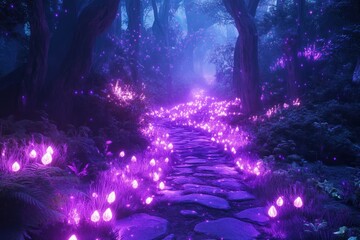 Purple fairytale woods, whimsical lighting effect as sun slowly rises