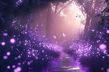 Purple fairytale woods, whimsical lighting effect as sun slowly rises