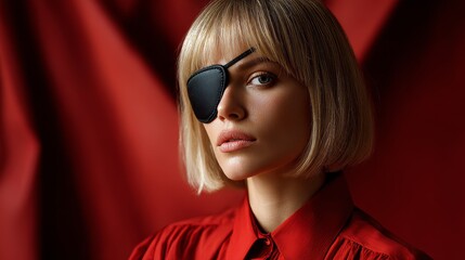 Fashion portrait of a blonde woman in red, eye patch covering one eye, bold and striking composition.