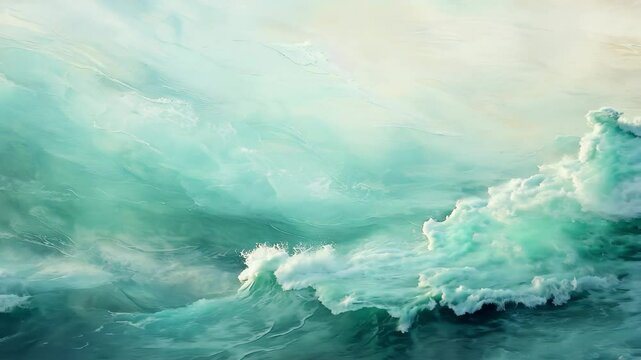 Abstract representation of ocean waves with varied textures and hues capturing tranquility during sunrise over the water, conveying a sense of peace and natural beauty