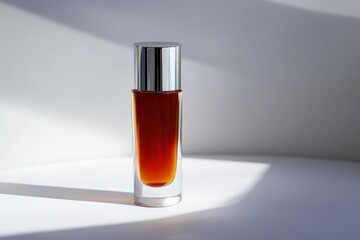radiant beauty serum in sleek glass bottle on white surface, soft lighting for elegance