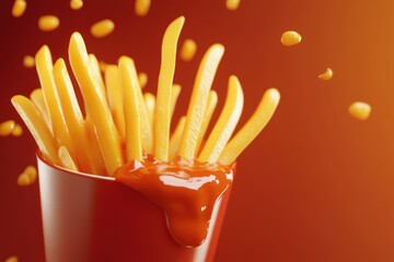 Realistic fast food set, dipping fries in sauce moment, delicious texture focus