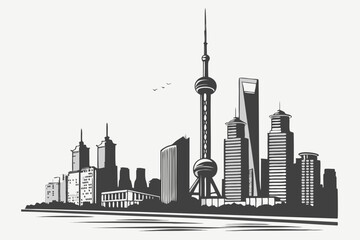 Obraz premium A black and white cityscape illustration showcases a modern city's skyline with towering skyscrapers and lush green trees lining a road.