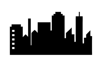 Fototapeta premium A black and white cityscape illustration showcases a modern city's skyline with towering skyscrapers and lush green trees lining a road.