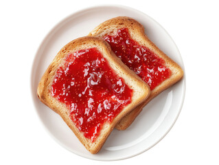 Two Slices of Toast with Strawberry Jam on White Plate Isolated on White Background for Breakfast Concept