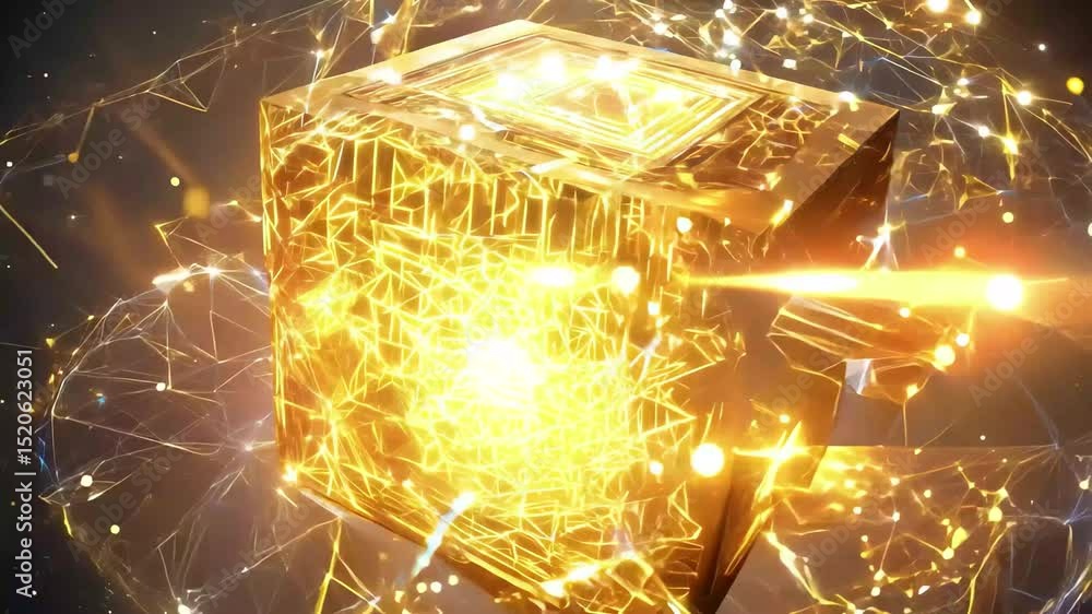 Poster a luminous cosmic cube floating in the fourth dimension, surrounded by swirling golden particles and
