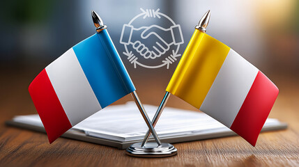 Two crossed flags with a handshake icon, symbolizing diplomacy, partnership, or international cooperation.
