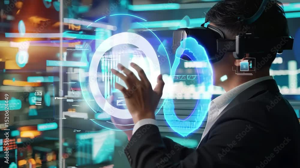 Poster businessman engages with artificial intelligence technology while wearing virtual reality headset in