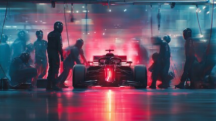 Dramatic Formula One Race Car Pit Stop Night Scene Digital Art Red Blur Team Blue Neon Glow Dark    