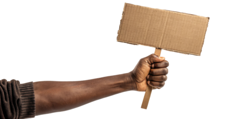 Hand holding blank cardboard sign, symbolizing protest or communication. image conveys sense of activism and expression