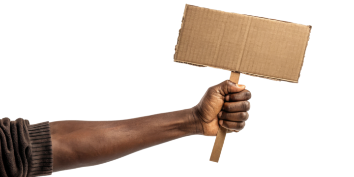 Hand holding blank cardboard sign, symbolizing protest or communication. image conveys sense of activism and expression