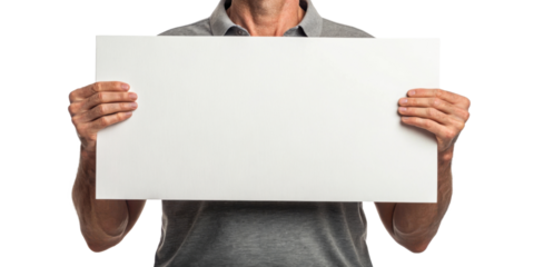 Person holding blank white sign, expressing openness and readiness for communication. background is isolated, emphasizing sign