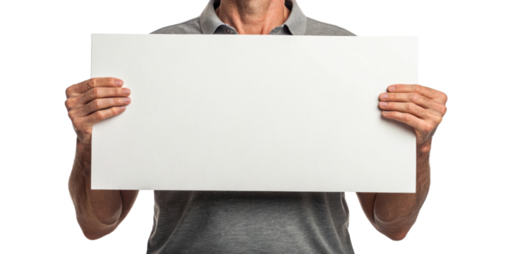 Person holding blank white sign, expressing openness and readiness for communication. background is isolated, emphasizing sign