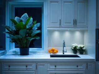 Modern kitchen interior at night
