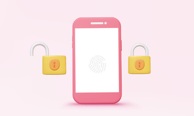 Fingerprint login personal technology security protection privacy system via smartphone concept on pastel background. Account data information password mobile secure secret. 3D vector illustration