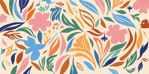 An artistic seamless pattern featuring abstract hand drawn flowers and botanical elements. This versatile vector illustration is perfect for fabric, textiles, clothing, posters, covers, banners