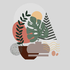 leaves line art drawing with abstract shape. Abstract Plant Art design for print, cover, wallpaper, Minimal and natural wall art.